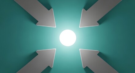 Four directional arrows pointing toward a bright central glowing circle against a teal background