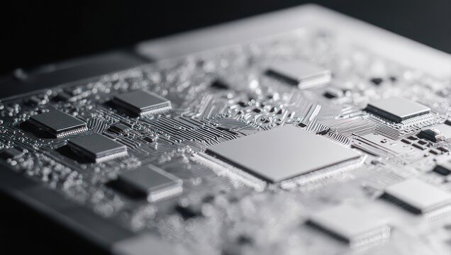 Close-up of a complex computer motherboard with intricate circuitry and microchips.