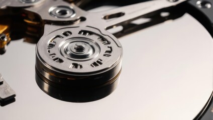 Close-up of an open hard drive with visible platters and readwrite heads.