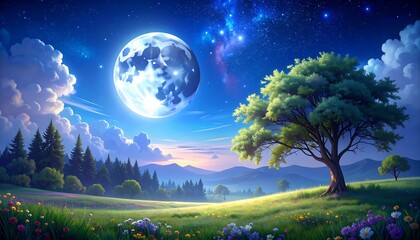 Dreamy nighttime landscape, full moon, starry sky, trees, and wildflowers