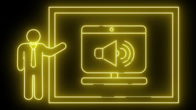 Neon style icon of person presenting audio on computer screen
