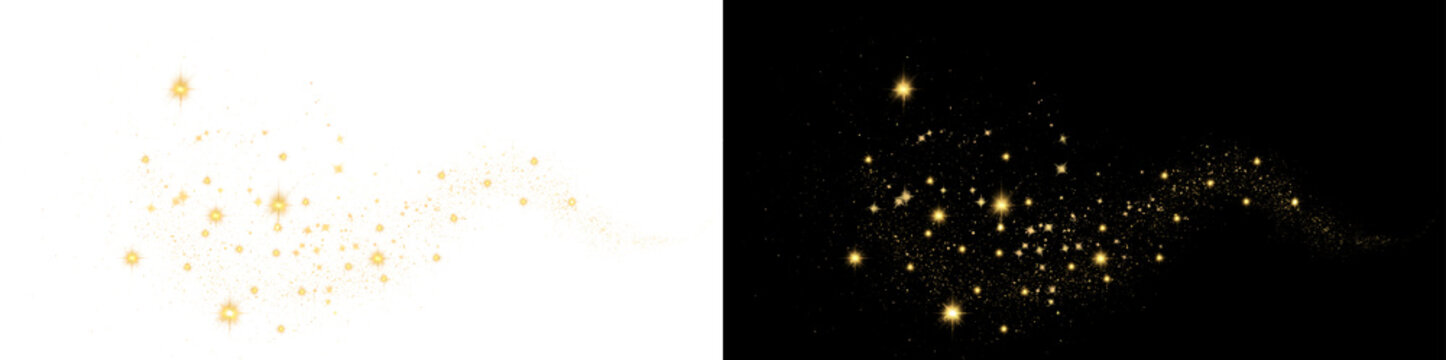 Golden Glitter Sparkle Shimmer Texture Golden Glittering Light on Black A single trail of sparkling gold glitter on a black background, with the trail transforming into an elegant