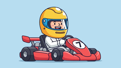 Fototapeta premium Cute cartoon boy racer driving red go kart with yellow helmet flat vector character illustration