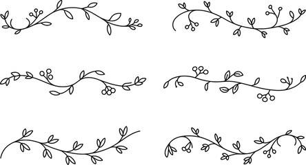 Six black line art floral vine dividers with leaves and berries