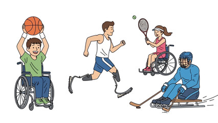 Inclusive sports illustration featuring wheelchair basketball, running with prosthetics, wheelchair tennis, and adaptive sled hockey, celebrating strength, diversity, and athletic spirit.
