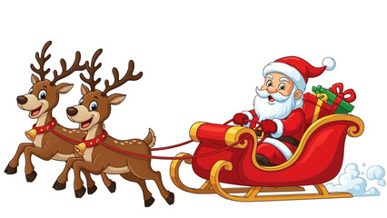 Fototapeta premium Festive illustration of Santa riding a bright red sleigh pulled by two cheerful reindeer, carrying gifts through a snowy holiday setting in a joyful cartoon style.