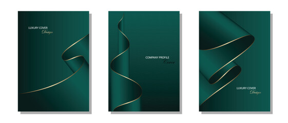 Luxury green cover design. Set of green cover with gold line with fold paper decoration. Suit for banner, invitation, card, poster and others