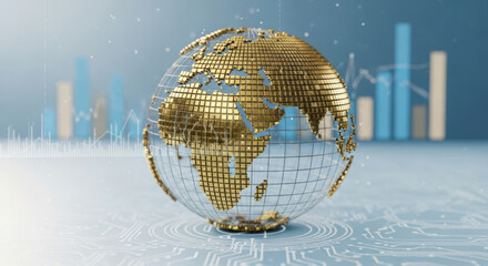 A golden pixelated globe floats above a circuit board pattern, set against a backdrop of blurred blue bar charts representing data analytics and global connectivity.