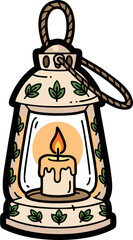 Traditional Tattoo Style Lantern with Burning Candle and Leaf Motifs.