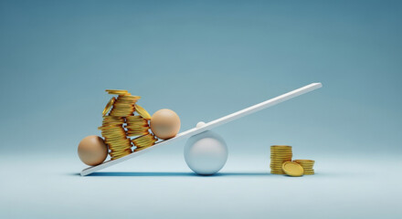 Conceptual image illustrating economic balance with eggs and golden coins teetering on a seesaw against a light blue backdrop symbolizing financial equilibrium.