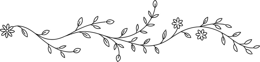 Black line art floral vine with leaves and flowers