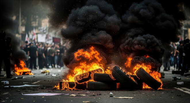 A street scene with burning tires sending black smoke billowing into the air, part of a protest with a blurred crowd and police in the background during the day.