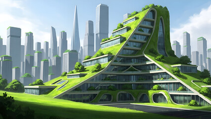 A stunning futuristic skyscraper with lush greenery in a modern cityscape, showcasing sustainable design and eco-friendly architecture in a vibrant urban environment.