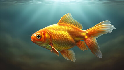 A vibrant goldfish swims underwater with sunbeams shining through, creating a serene and peaceful atmosphere.