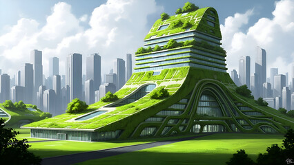 A stunning futuristic skyscraper with lush greenery in a modern cityscape, showcasing sustainable design and eco-friendly architecture in a vibrant urban environment.