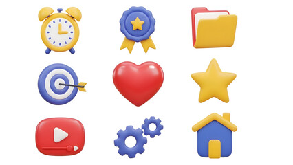 Vibrant colorful 3D icons representing business and productivity concepts on isolated white background, for enhancing digital projects and presentations with a modern touch.
