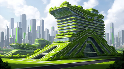 A stunning futuristic skyscraper with lush greenery in a modern cityscape, showcasing sustainable design and eco-friendly architecture in a vibrant urban environment.