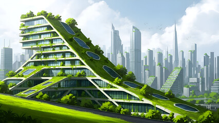A stunning futuristic skyscraper with lush greenery in a modern cityscape, showcasing sustainable design and eco-friendly architecture in a vibrant urban environment.