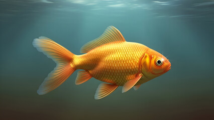 A vibrant goldfish swims underwater with sunbeams shining through, creating a serene and peaceful atmosphere.
