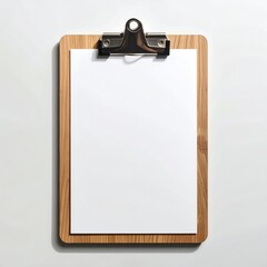 Wooden clipboard holds blank white paper against white