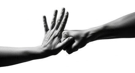 Detailed close up shot of two arms engaged in a hand to fist fight against a stark white backdrop in controlled studio lighting. 