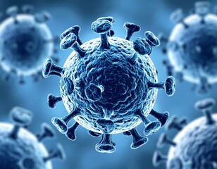 Close-up illustration of a blue, spiky, spherical virus