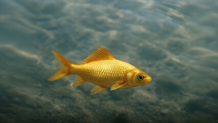 A vibrant goldfish swims underwater with sunbeams shining through, creating a serene and peaceful atmosphere.