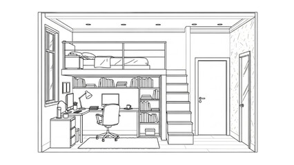 High-quality black line art of a loft bedroom layout with elevated bed area and workspace below, modern compact interior design © Narmada