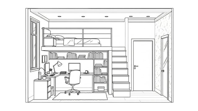 High-quality black line art of a loft bedroom layout with elevated bed area and workspace below, modern compact interior design