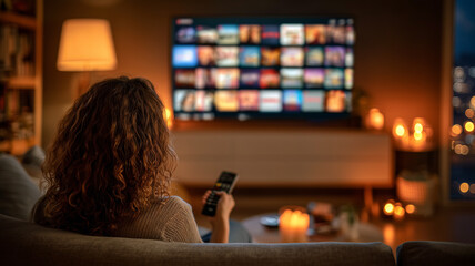 A woman relaxing on a cozy evening at home, sitting on a sofa and watching TV streaming content in a softly lit room with warm candlelight and a peaceful atmosphere