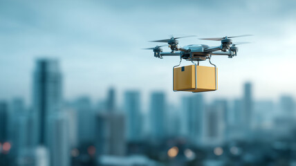 Futuristic delivery drone carrying a yellow package flying over a modern city skyline with soft blue tones symbolizing innovation technology and fast logistics