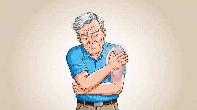 Elderly Individual Experiencing Shoulder Discomfort, Animated Illustration of Pain and Ailment