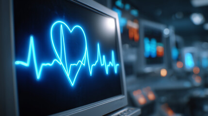 Close-up of a medical heart rate monitor screen showing a glowing blue ECG line in the shape of a heart. Concept of healthcare technology, cardiology, and hospital patient monitoring