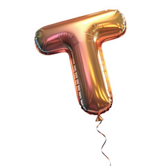 Festive gold balloon letter T from shiny metallic font. happy, celebratory alphabet object for party, isolated on transparent background