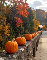 Pumpkins on a stone wall with fall foliage in background