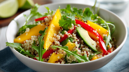 Fresh quinoa salad with mango, avocado, red pepper and arugula served in a white bowl. Bright colors, natural textures and healthy ingredients create a vibrant and nutritious meal