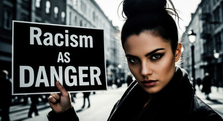 Portrait of a woman holding a sign reading Racism as Danger during a street protest. The monochrome image conveys a serious message about social issues and inequality.