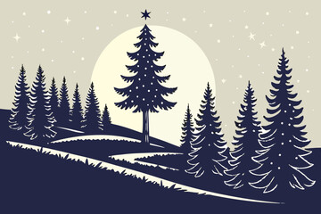 Obraz premium Christmas Night Landscape with Glowing Tree Vector 
