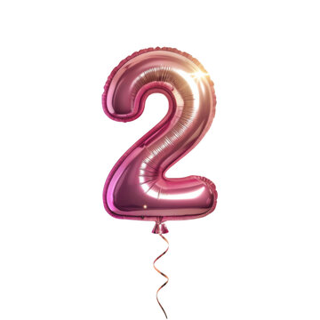 Shiny rose gold pink number two balloon for joyful birthday party celebration. Metallic foil object for festive anniversary event