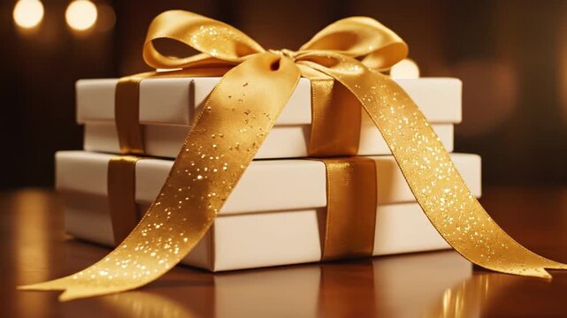 White gift box with golden ribbon and bow on wooden table featuring festive celebration present, elegant holiday decoration, warm glowing lights, and shiny sparkle ribbon for celebration
