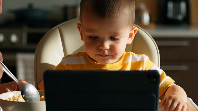 Cute toddler boy watching cartoons on a digital tablet screen while being fed breakfast cereal by a parent, illustrating modern screen time and parenting lifestyle concepts.
