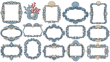 Collection of ornate blue and beige decorative frames with seashells and pearls, vector