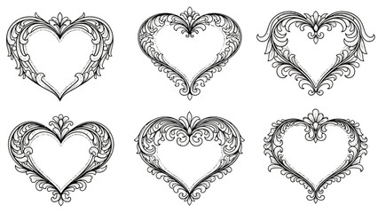 Set of Six Ornate Vintage Heart Shaped Decorative Frames in Black and White