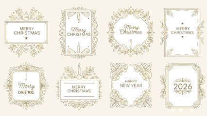 Elegant Christmas and New Year decorative frames and borders in gold and beige