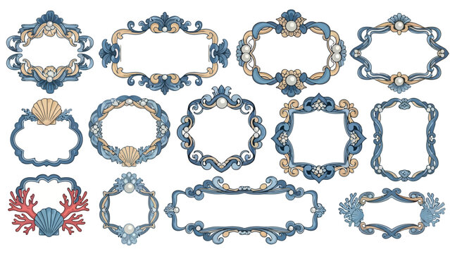 Decorative Vintage Frames with Seashells and Pearls, Nautical Ornate Borders