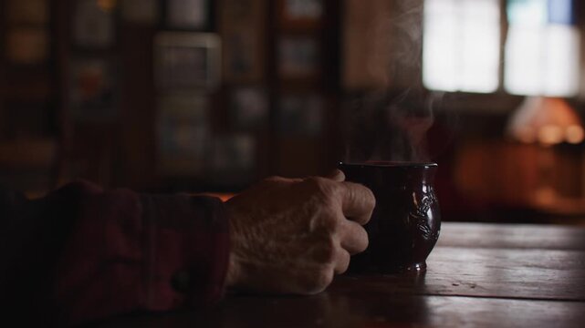 Focus On Man Sitting at Table Holding Steaming Cup of Coffee In Front of Bright Fireplace in Rustic Saloon