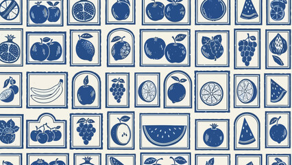 Seamless Pattern of Blue Vintage Fruit Illustrations on Cream Background © Adel