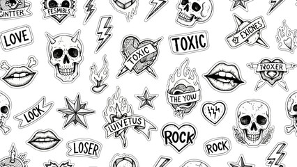 Seamless Pattern of Rock and Roll Tattoo Style Stickers with Skulls, Lips, and Lightning