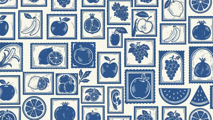 Seamless Pattern of Blue Vintage Fruit Stamps on a Cream Background