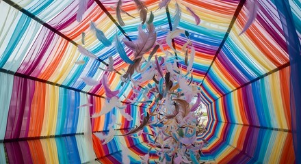 Colorful fabric canopy tunnel decorated with floating feathers creates a vibrant immersive pathway